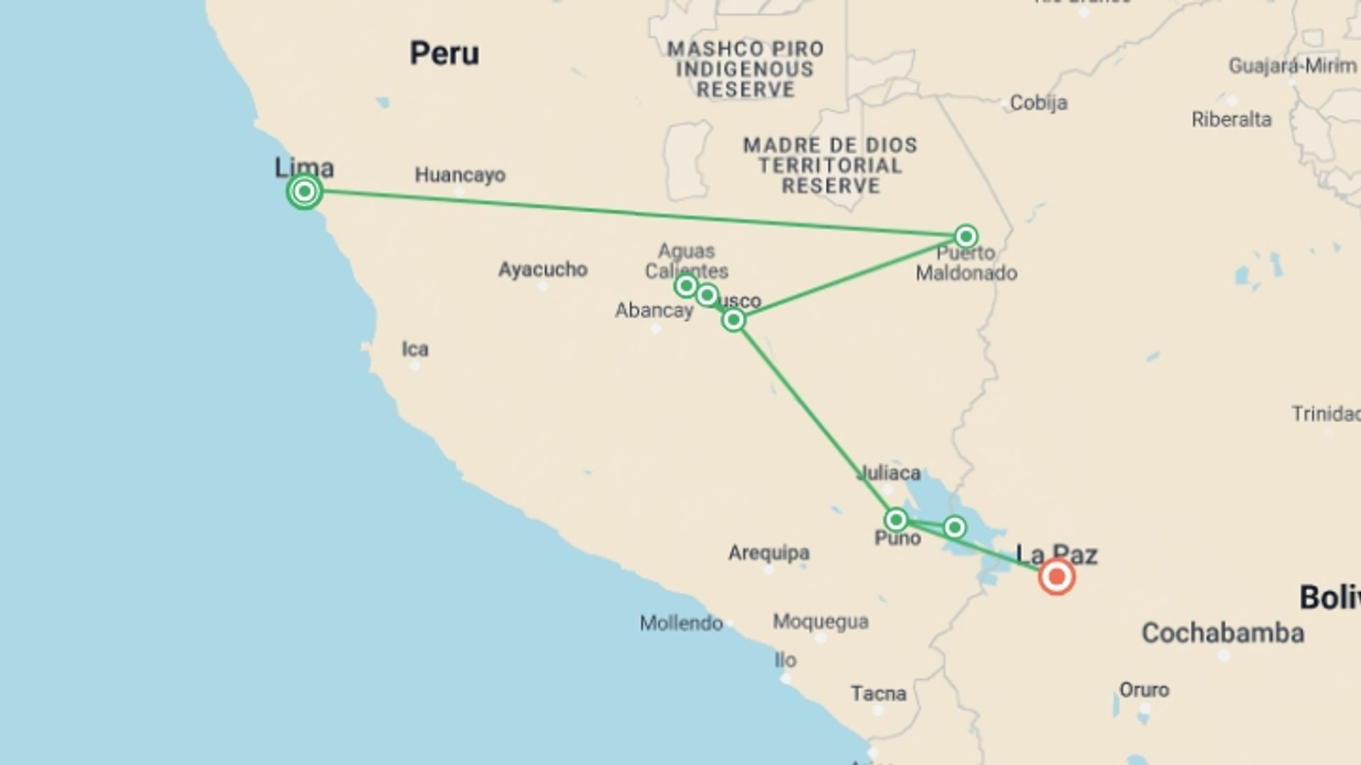A map showing the tour itinerary for the trip: Real Peru to Bolivia, starting in Lima, Peru and ending in La Paz, Bolivia going through 6 other destinations.