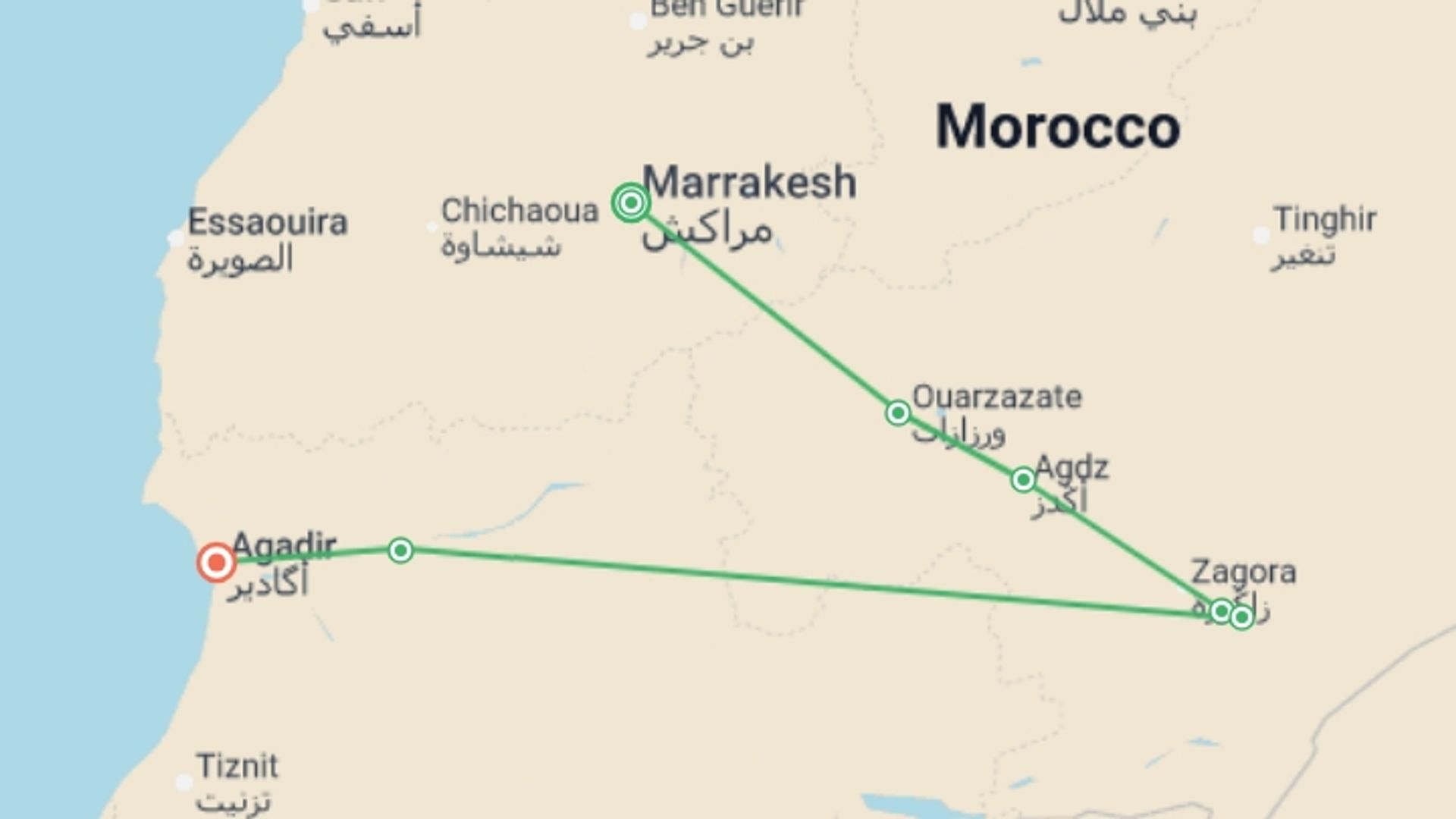 A map showing the tour itinerary for the trip: Sahara And South, Private Tour, starting in Marrakech, Morocco and ending in Agadir, Morocco going through 4 other destinations.
