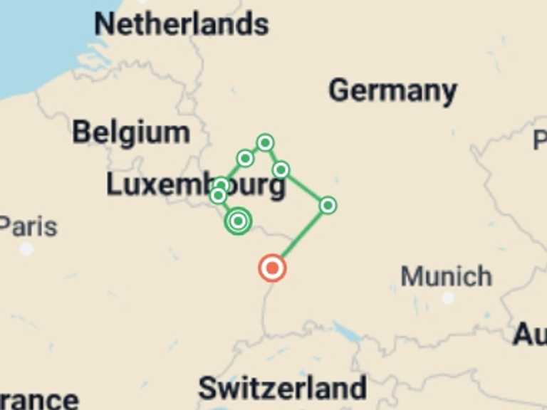 Map of 8-Day Strasbourg Tour with 9 destination visits for the trip: A Cruise Through Four Exquisite European Valleys (port-to-port cruise)