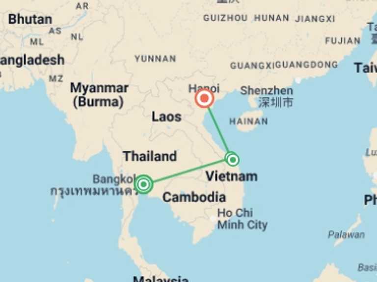 Map of Bangkok Sightseeing Tour with 4 destination visits for the trip: From Bangkok to Hanoi: A Captivating 7-Day Adventure