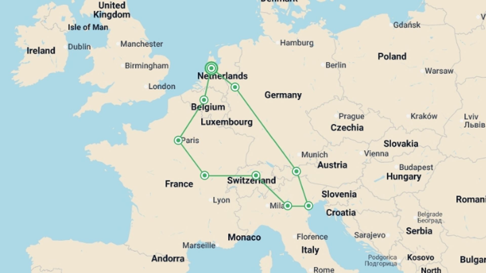 A map showing the tour itinerary for the trip: European Vistas, starting in Amsterdam, Holland and ending in Amsterdam, Holland going through 7 other destinations.