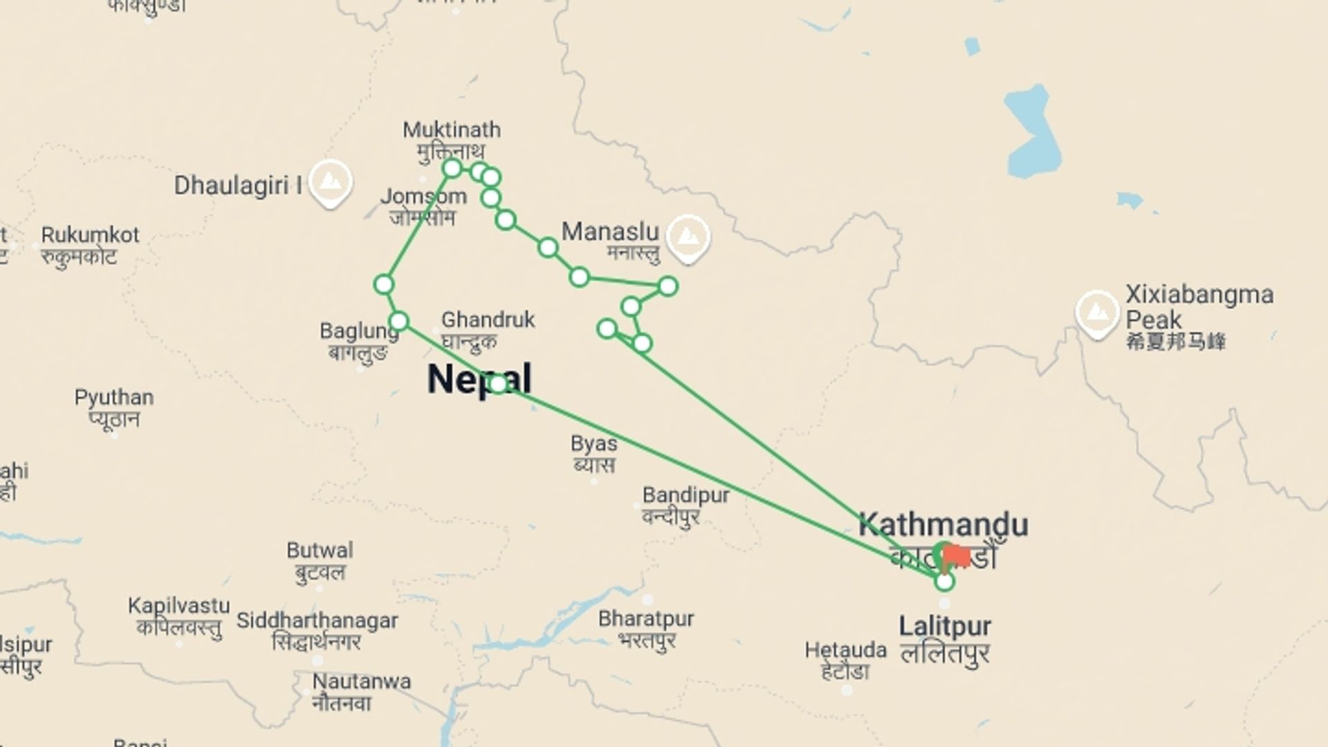 A map showing the tour itinerary for the trip: Annapurna Circuit Trek, starting in Kathmandu, Nepal and ending in Kathmandu, Nepal going through 14 other destinations.
