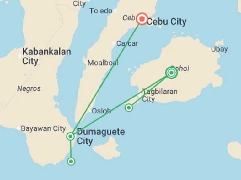 Map itinerary of Asia Tour in February 2027 with 5 destination visits for the trip: Philippines’ Bohol & Cebu: See & Experience it all