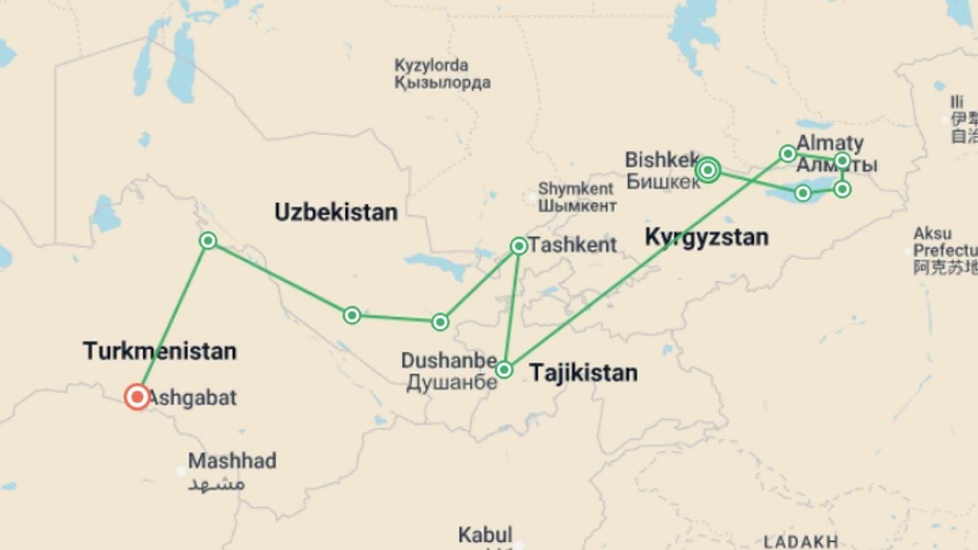 A map showing the tour itinerary for the trip: Journeys: Echoes of the Silk Road, starting in Bishkek, Kyrgyzstan and ending in Ashgabat, Turkmenistan going through 9 other destinations.