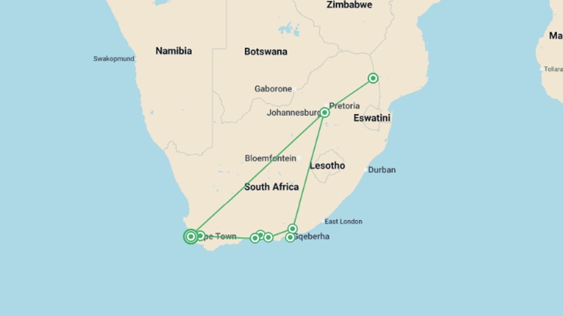 A map showing the tour itinerary for the trip: Ultimate South Africa, starting in Cape Town, South Africa and ending in Cape Town, South Africa going through 8 other destinations.