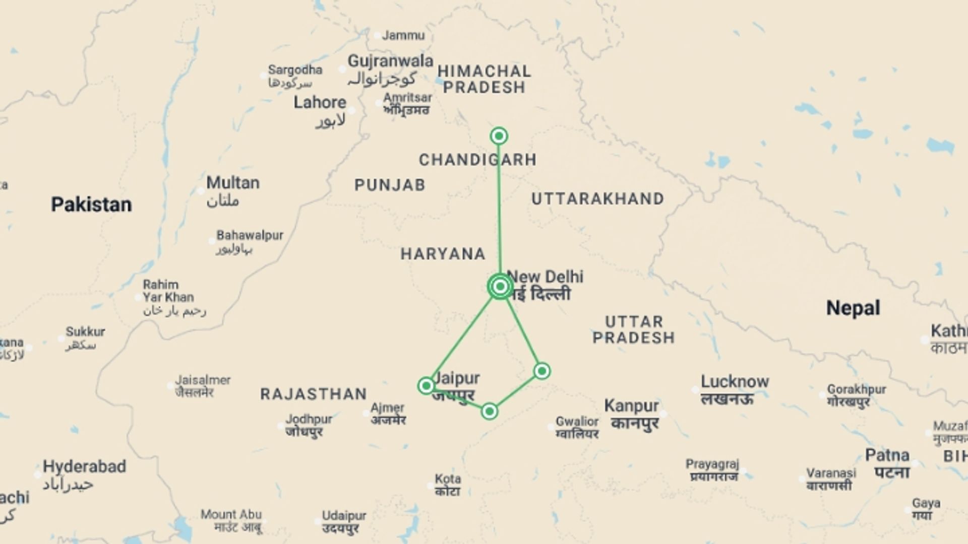 A map showing the tour itinerary for the trip: Taj and Raj - 12 Days, starting in New Delhi, India and ending in New Delhi, India going through 4 other destinations.