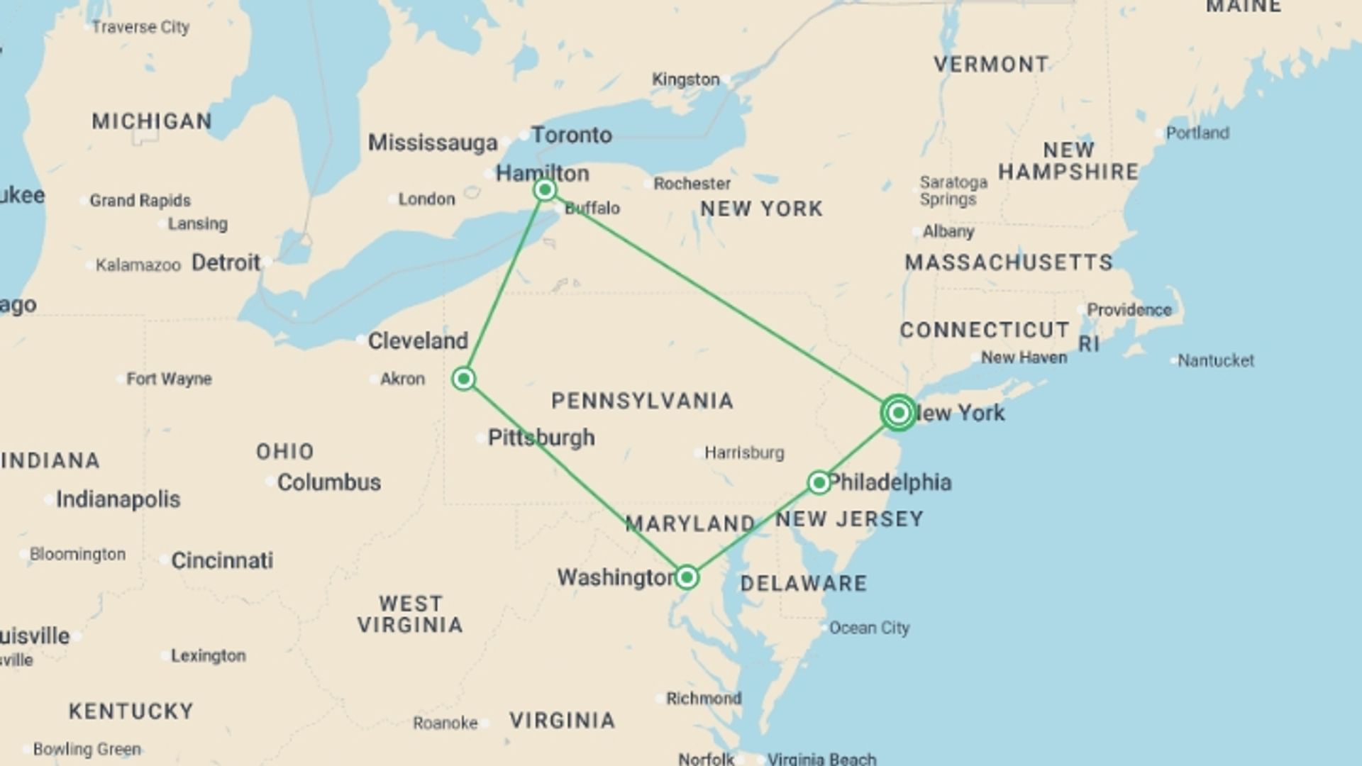 A map showing the tour itinerary for the trip: Great Eastern Cities, starting in New York, USA and ending in New York, USA going through 4 other destinations.