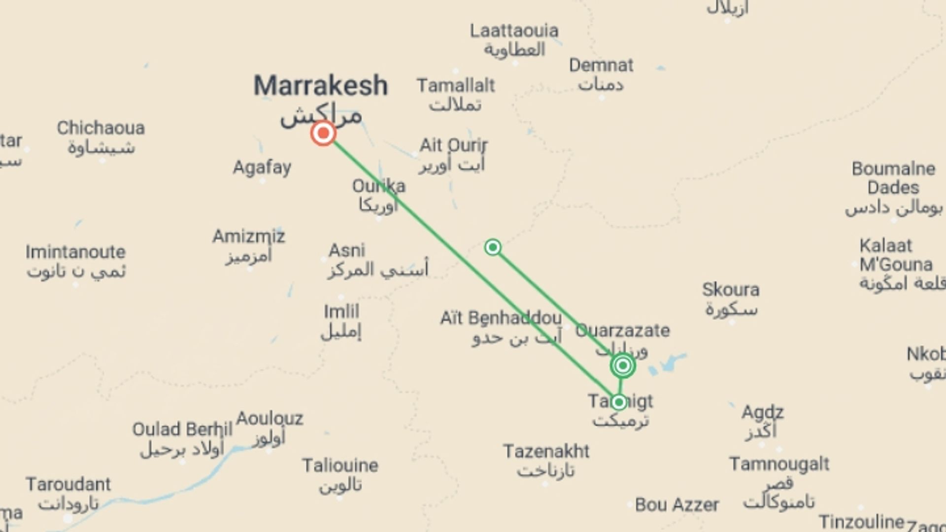 A map showing the tour itinerary for the trip: Ouarzazate Overnight, 2 Days, Private Tour, starting in Ouarzazate, Morocco and ending in Marrakech, Morocco going through 0 other destinations.