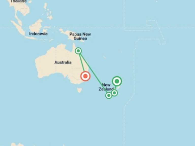 Map itinerary of Oceania Tour in February 2027 with 4 destination visits for the trip: South Pacific Wonders including New Zealand's North Island