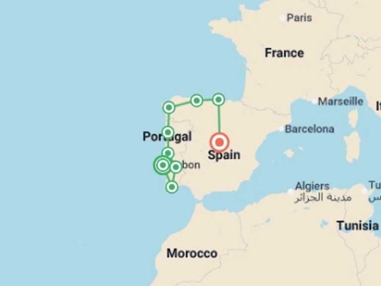 Map itinerary of Europe Tour in March 2027 with 9 destination visits for the trip: Complete Portugal and Northern Spain