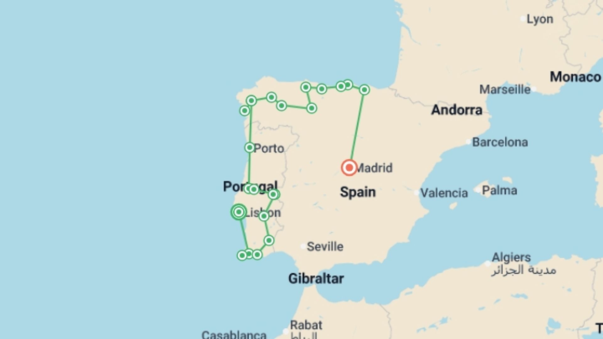 A map showing the tour itinerary for the trip: Complete Portugal and Northern Spain, starting in Lisbon, Portugal and ending in Madrid, Spain going through 7 other destinations.