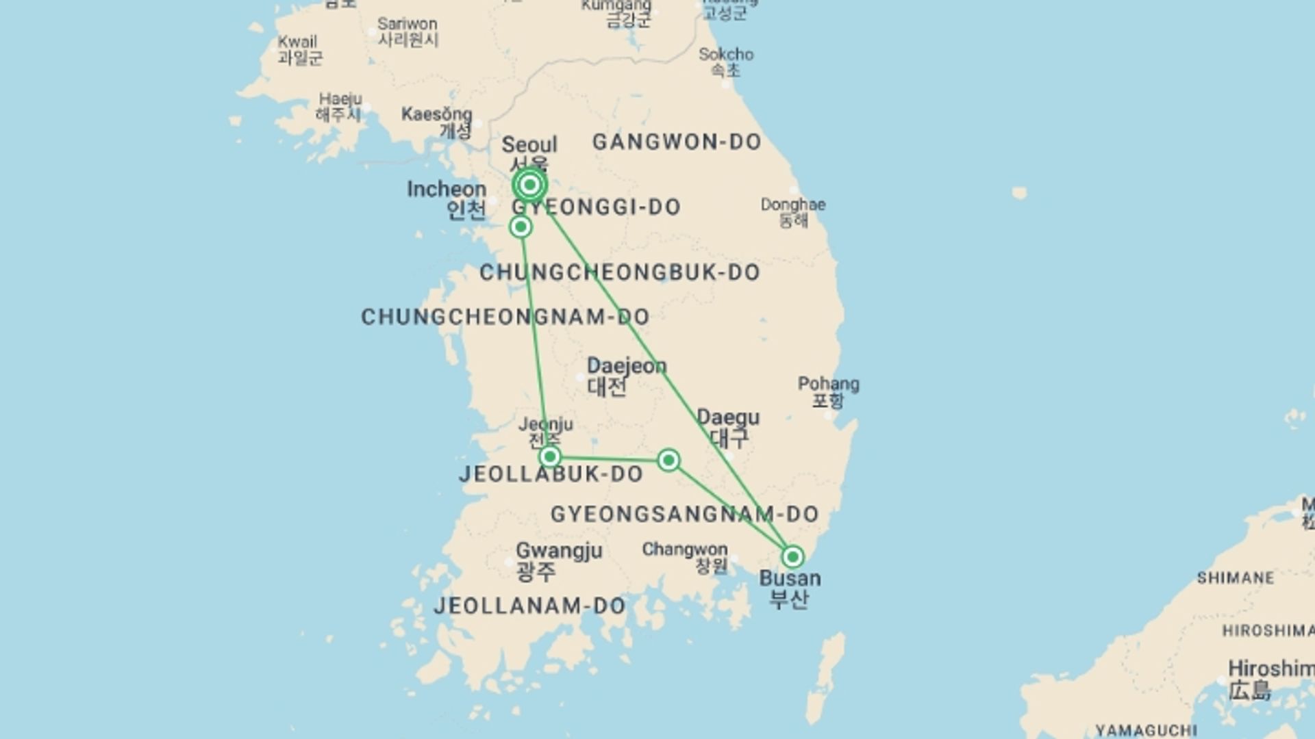 A map showing the tour itinerary for the trip: Korea Express, starting in Seoul, South Korea and ending in Seoul, South Korea going through 2 other destinations.