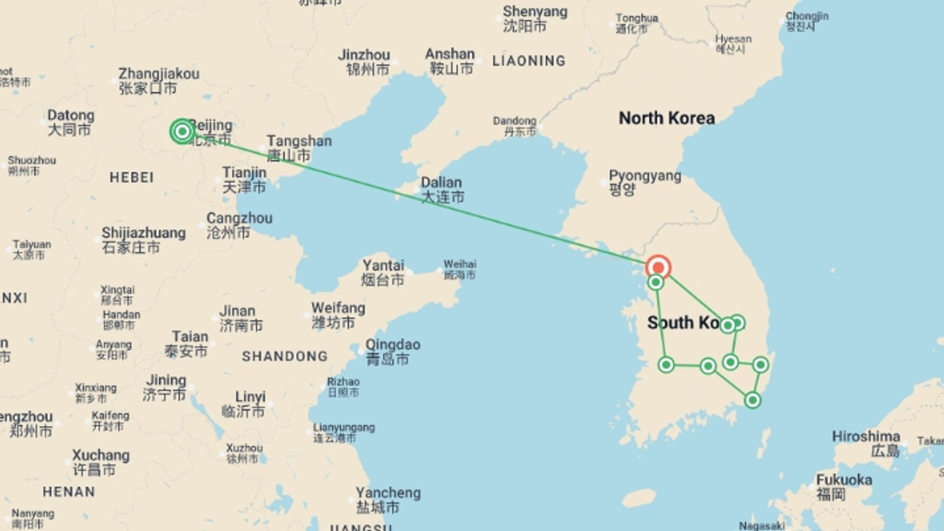A map showing the tour itinerary for the trip: Beijing and Korean Landscapes, starting in Beijing, China and ending in Seoul, South Korea going through 3 other destinations.