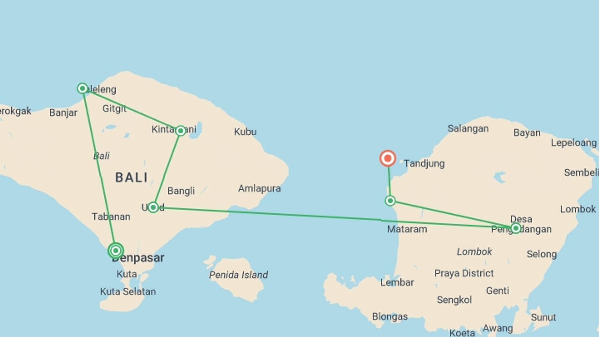 A map showing the tour itinerary for the trip: Bali to Gili: The Ultimate Island Odyssey, starting in Canggu, Indonesia and ending in Gili Trawangan, Indonesia going through 5 other destinations.