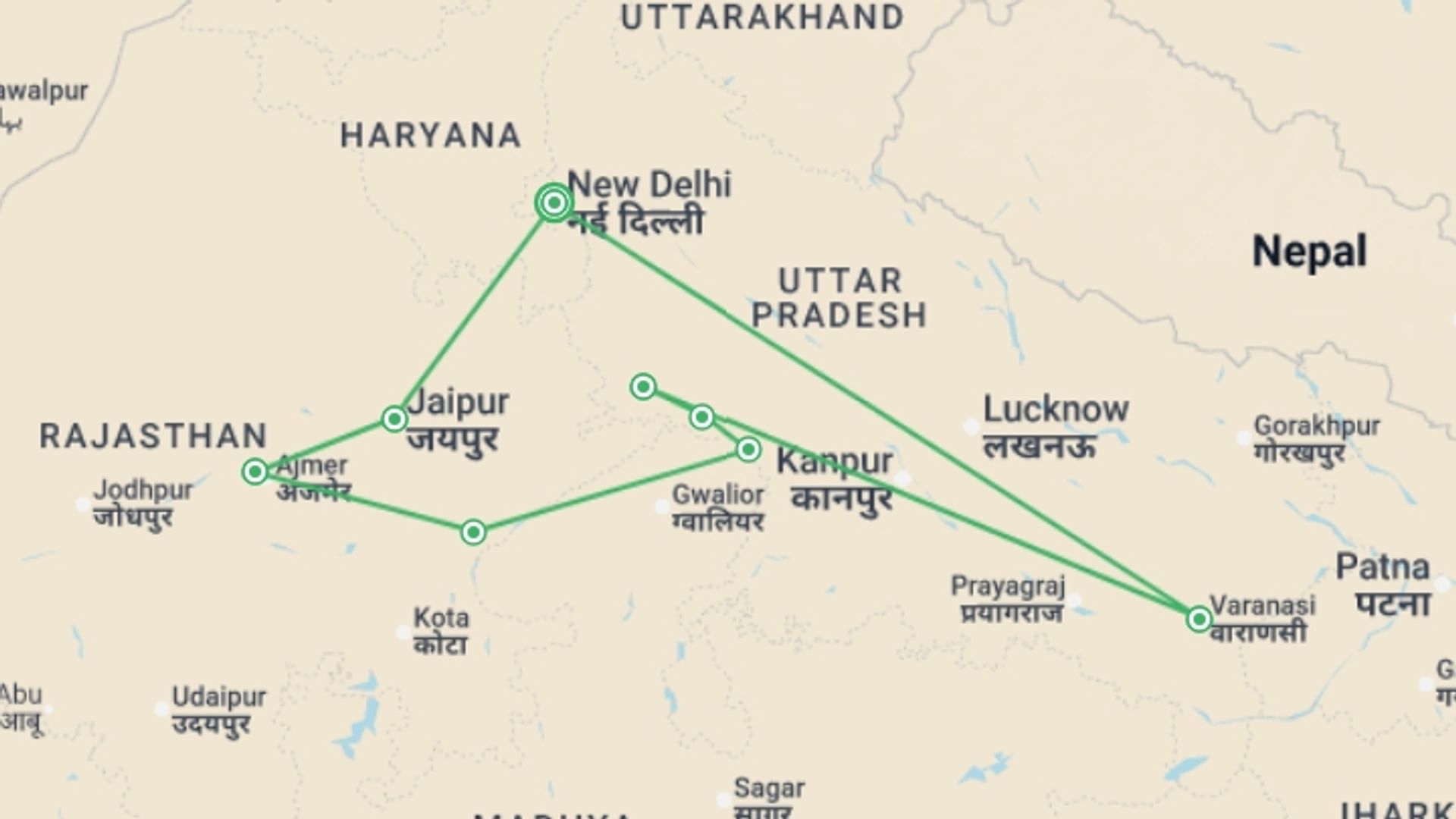A map showing the tour itinerary for the trip: Highlights of Northern India, starting in New Delhi, India and ending in New Delhi, India going through 7 other destinations.