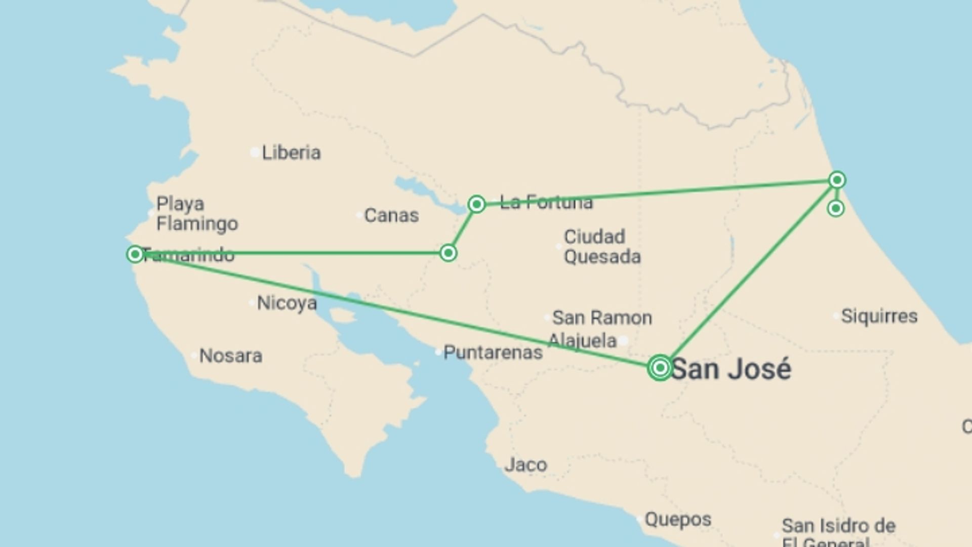 A map showing the tour itinerary for the trip: Essential Costa Rica - Package With Guanacaste, Self-drive, starting in San Jose, Costa Rica and ending in San Jose, Costa Rica going through 7 other destinations.