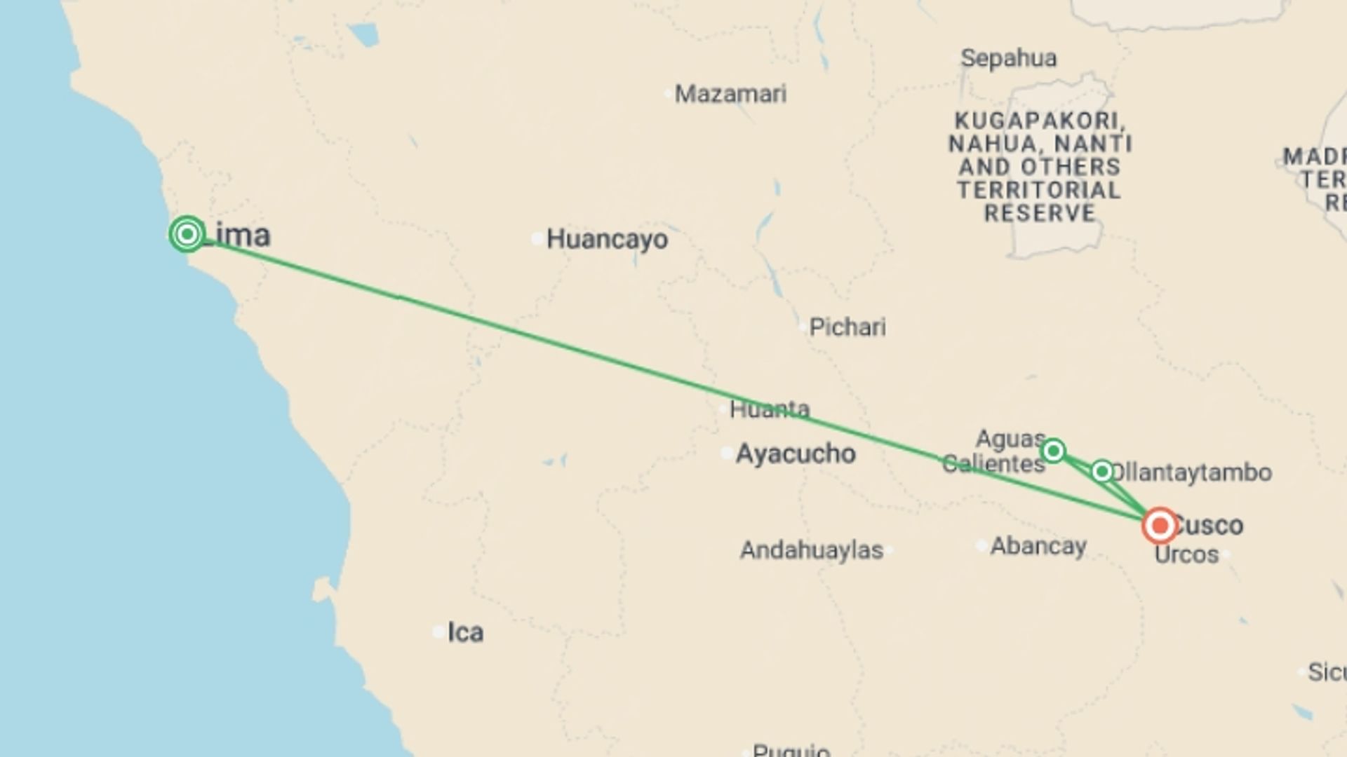 A map showing the tour itinerary for the trip: Inca Trail Express from Lima, starting in Lima, Peru and ending in Cusco, Peru going through 4 other destinations.
