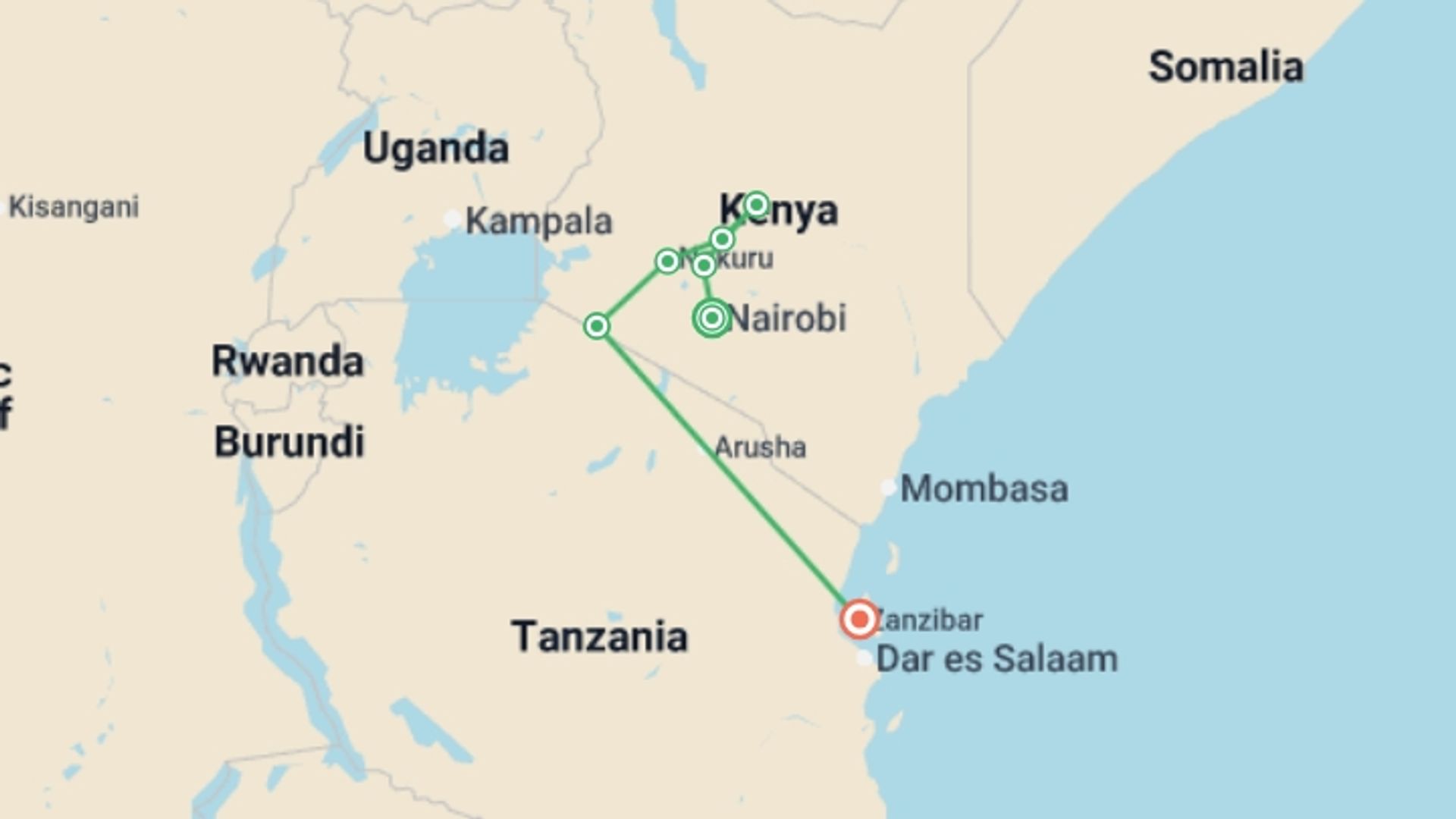 A map showing the tour itinerary for the trip: Wonders of Kenya, starting in Nairobi, Kenya and ending in Zanzibar, Tanzania going through 5 other destinations.