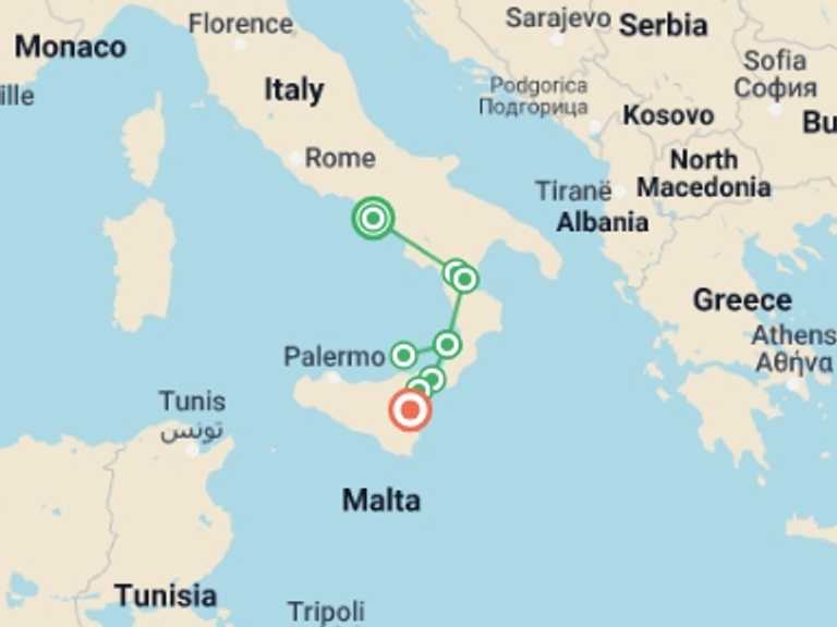 Map itinerary of Italy Tour in August 2027 with 7 destination visits for the trip: Calabria: Naples to Catania