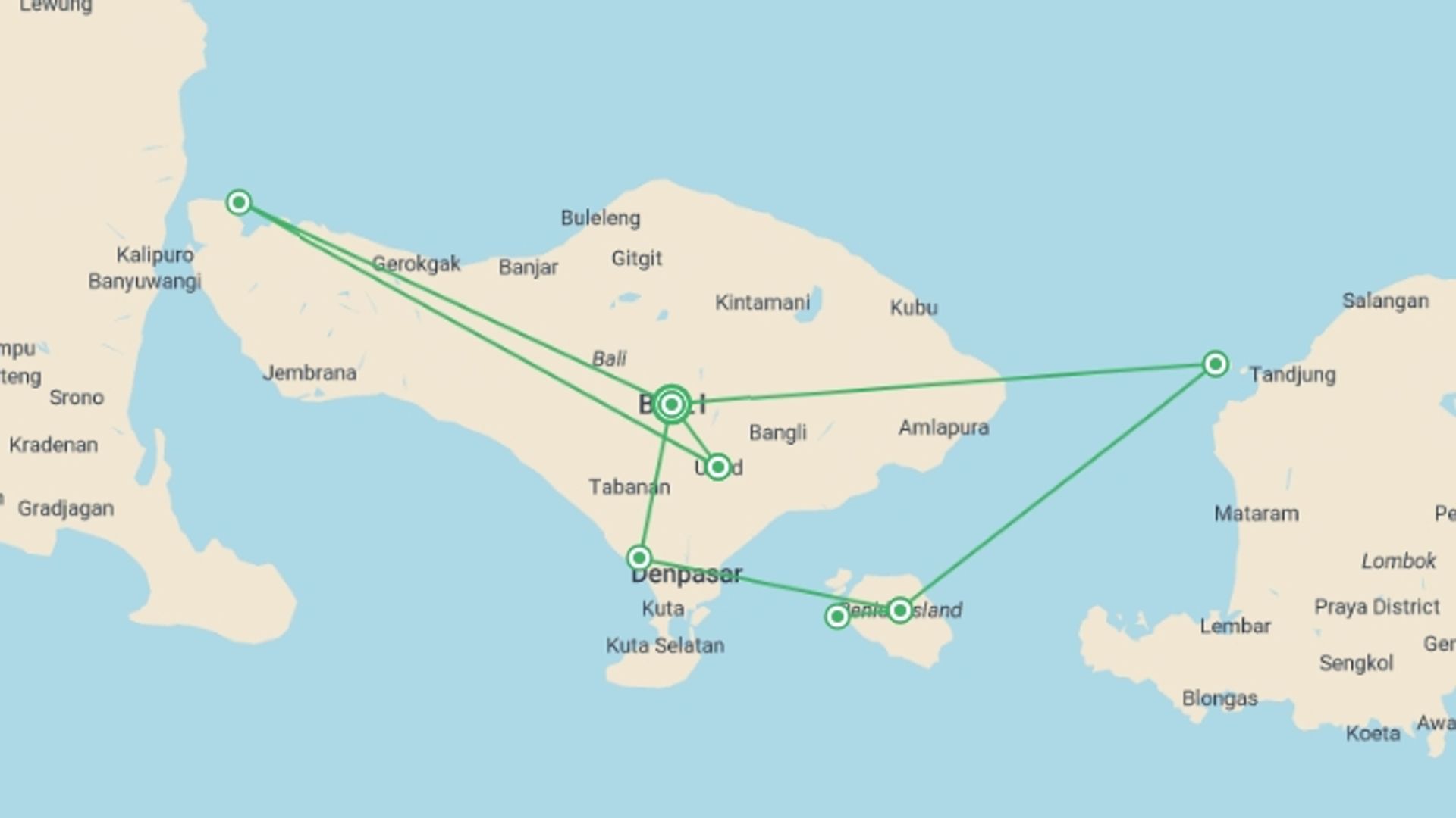 A map showing the tour itinerary for the trip: Bali One Life Adventures - 12 Days, starting in Bali, Indonesia and ending in Bali, Indonesia going through 5 other destinations.