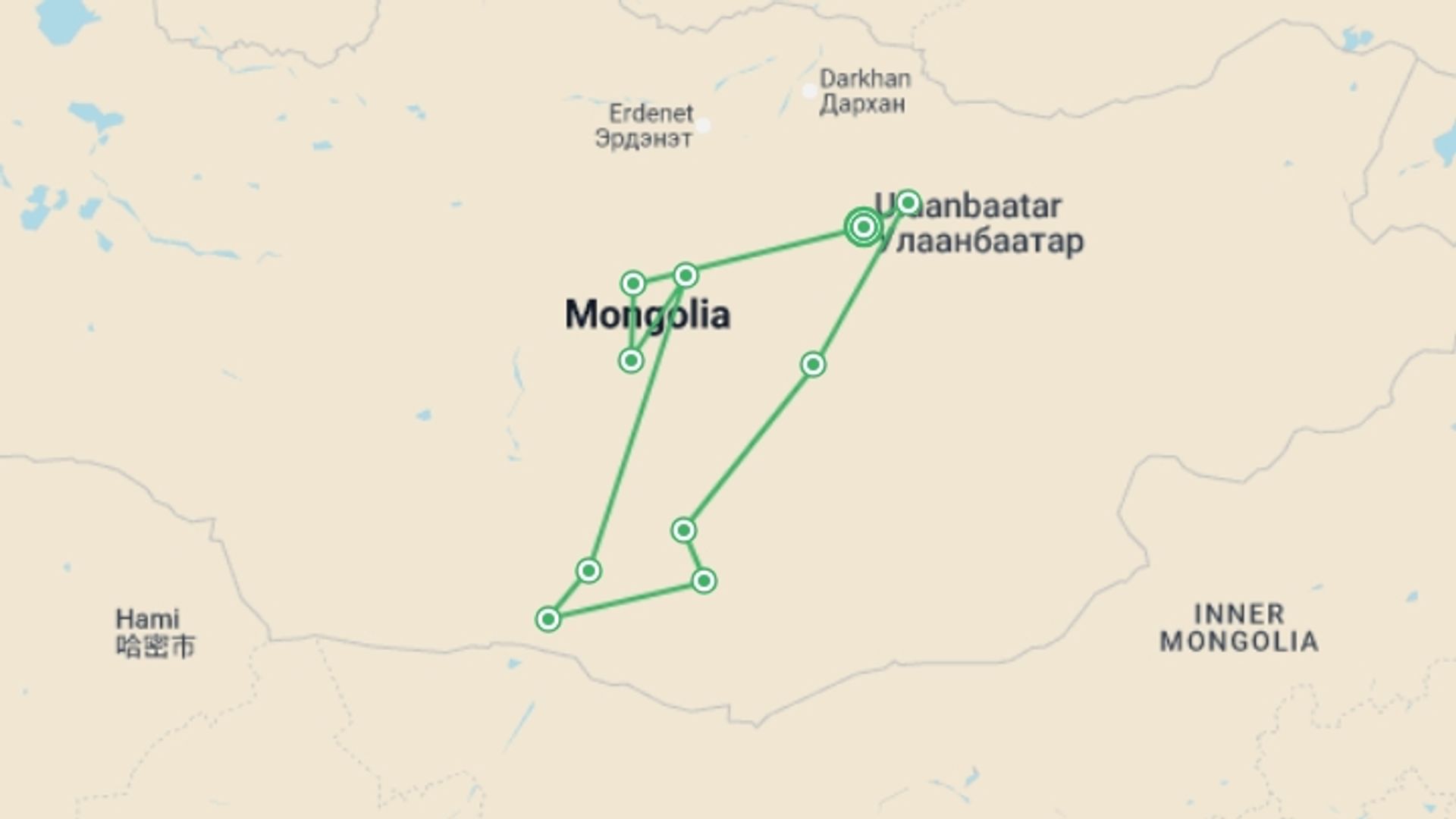 A map showing the tour itinerary for the trip: Discover Mongolia - Naadam Festival, starting in Ulaanbaatar, Mongolia and ending in Ulaanbaatar, Mongolia going through 6 other destinations.