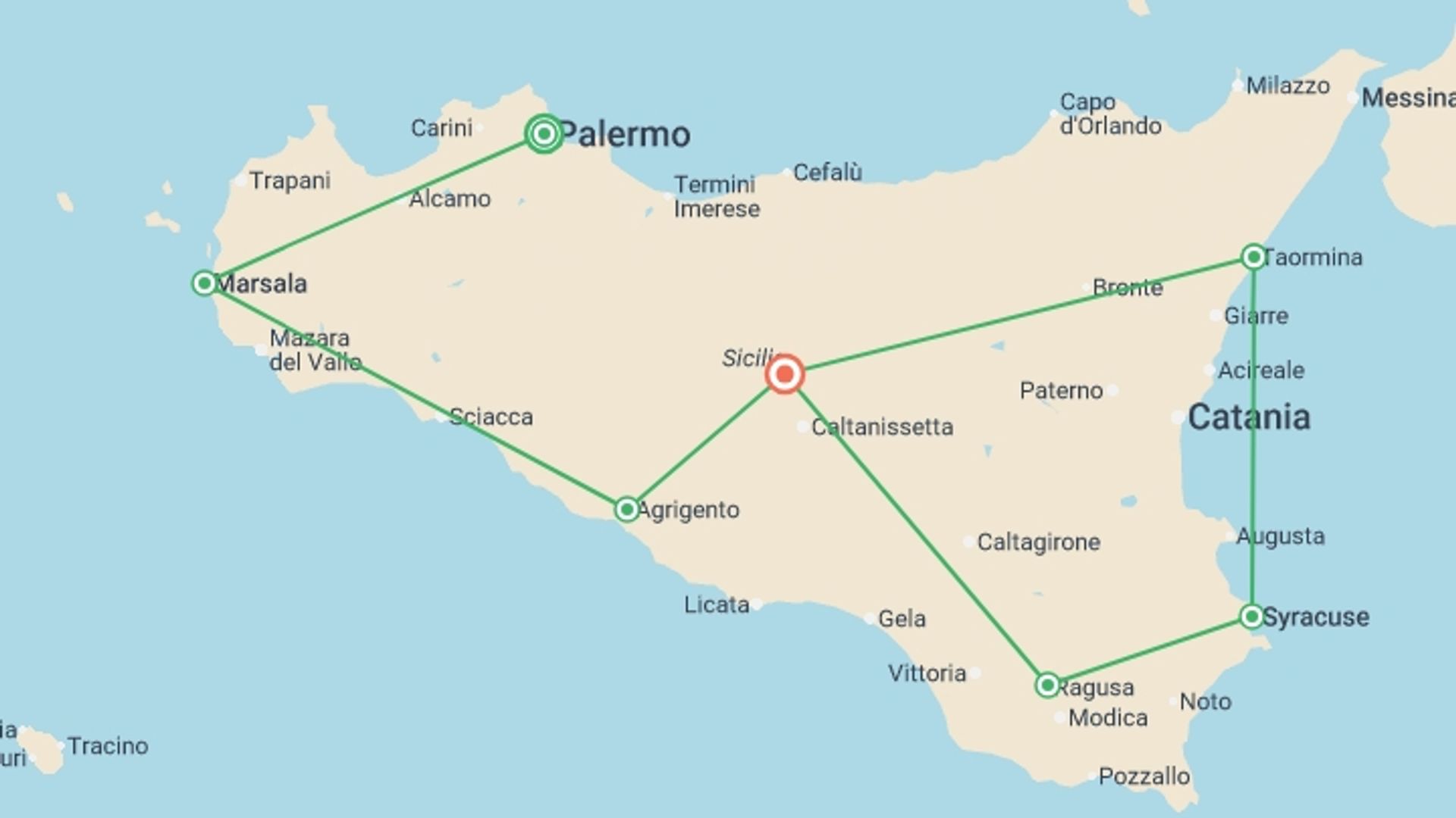A map showing the tour itinerary for the trip: Colours of Sicily, starting in Palermo, Italy and ending in Sicily, Italy going through 5 other destinations.