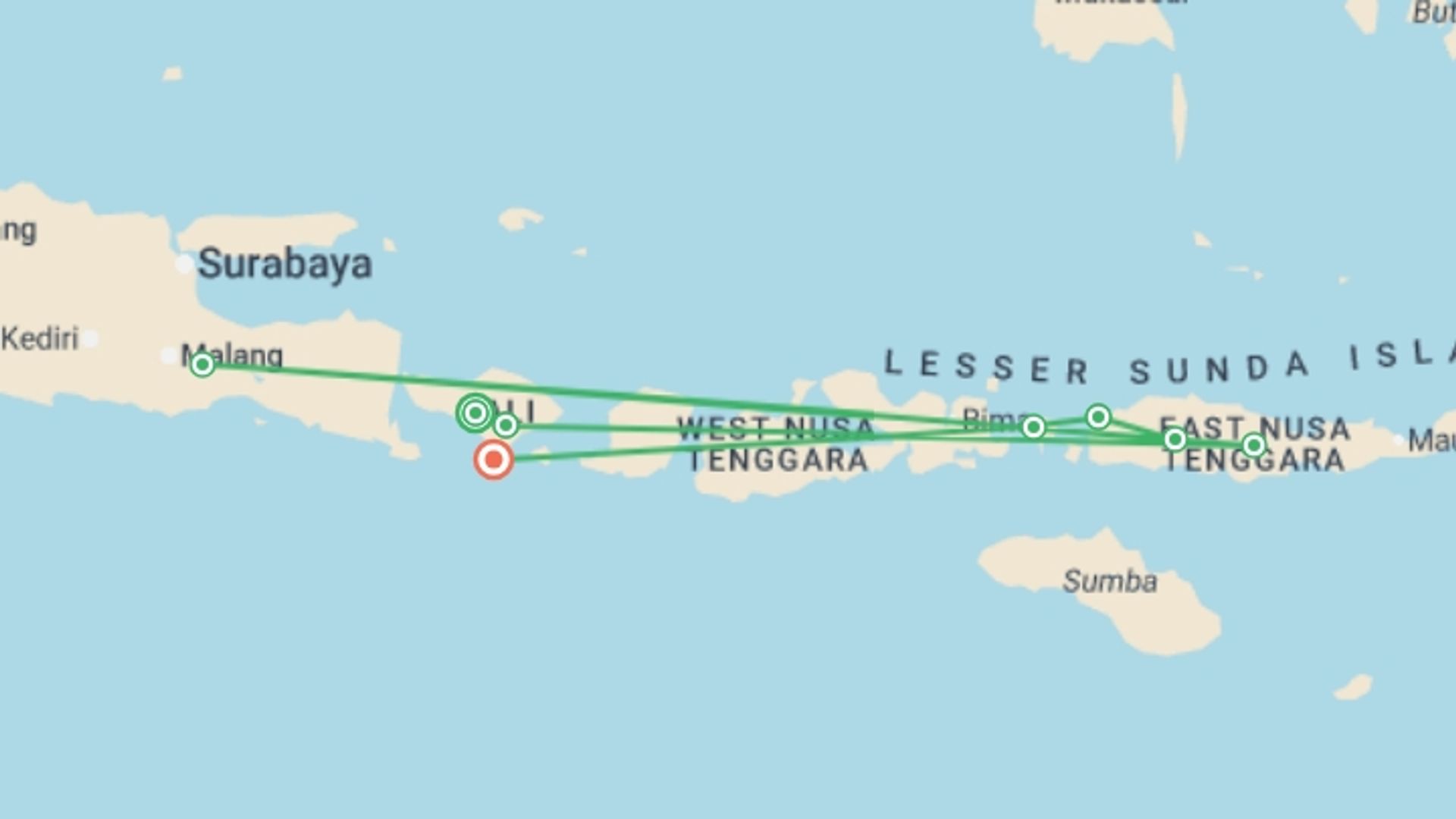 A map showing the tour itinerary for the trip: Discover Bali, Flores and Komodo Islands, starting in Belimbing, Indonesia and ending in Anja Jimbaran, Indonesia going through 7 other destinations.