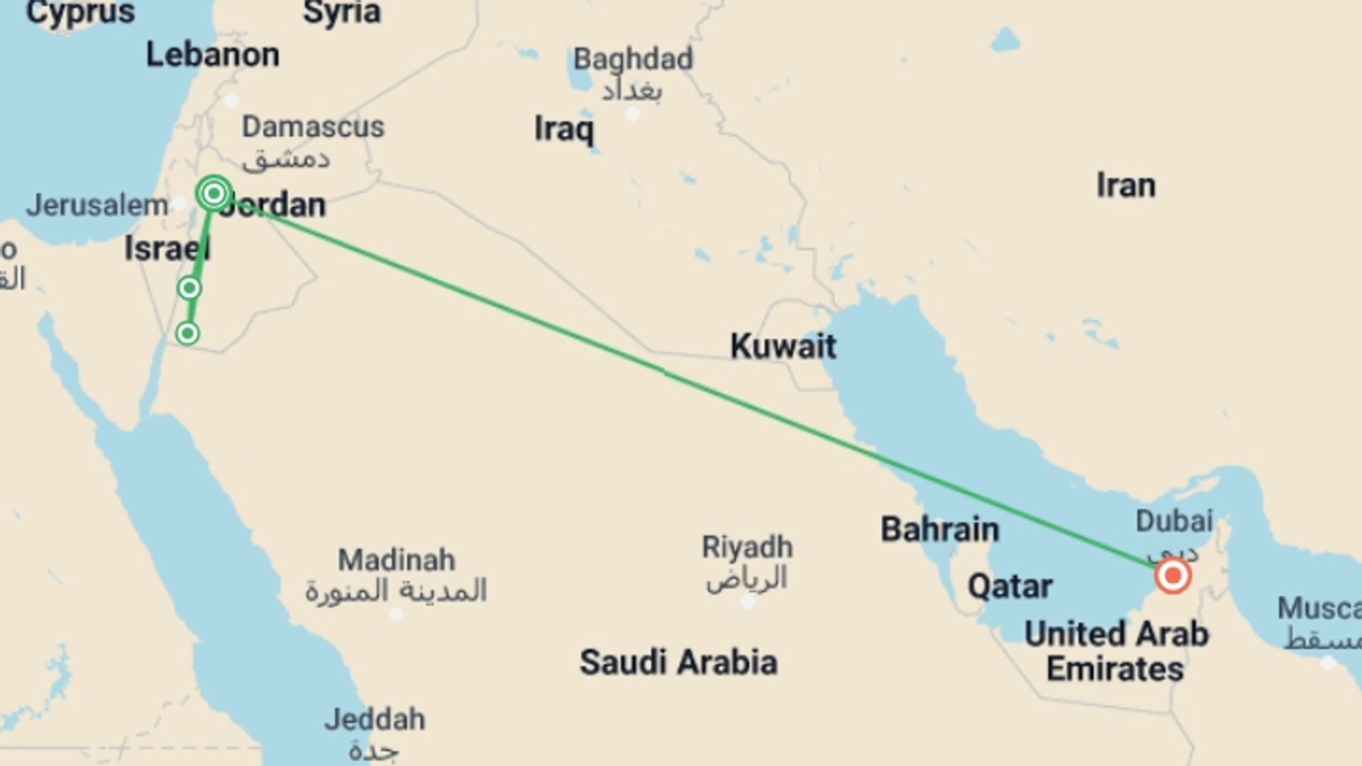 A map showing the tour itinerary for the trip: Petra & Dubai, starting in Amman, Jordan and ending in Dubai, UAE going through 2 other destinations.