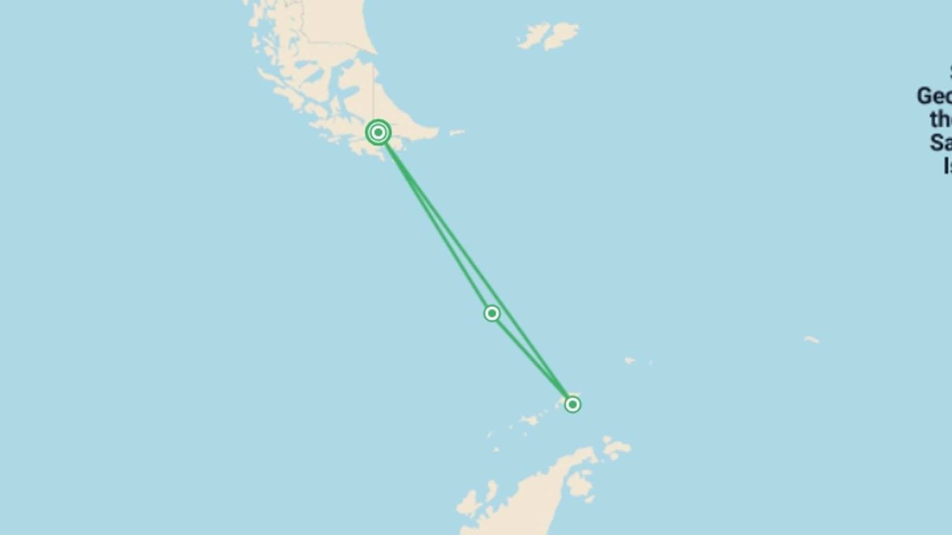 A map showing the tour itinerary for the trip: Antarctica Explorer - 10 days, starting in Ushuaia, Argentina and ending in Ushuaia, Argentina going through 2 other destinations.