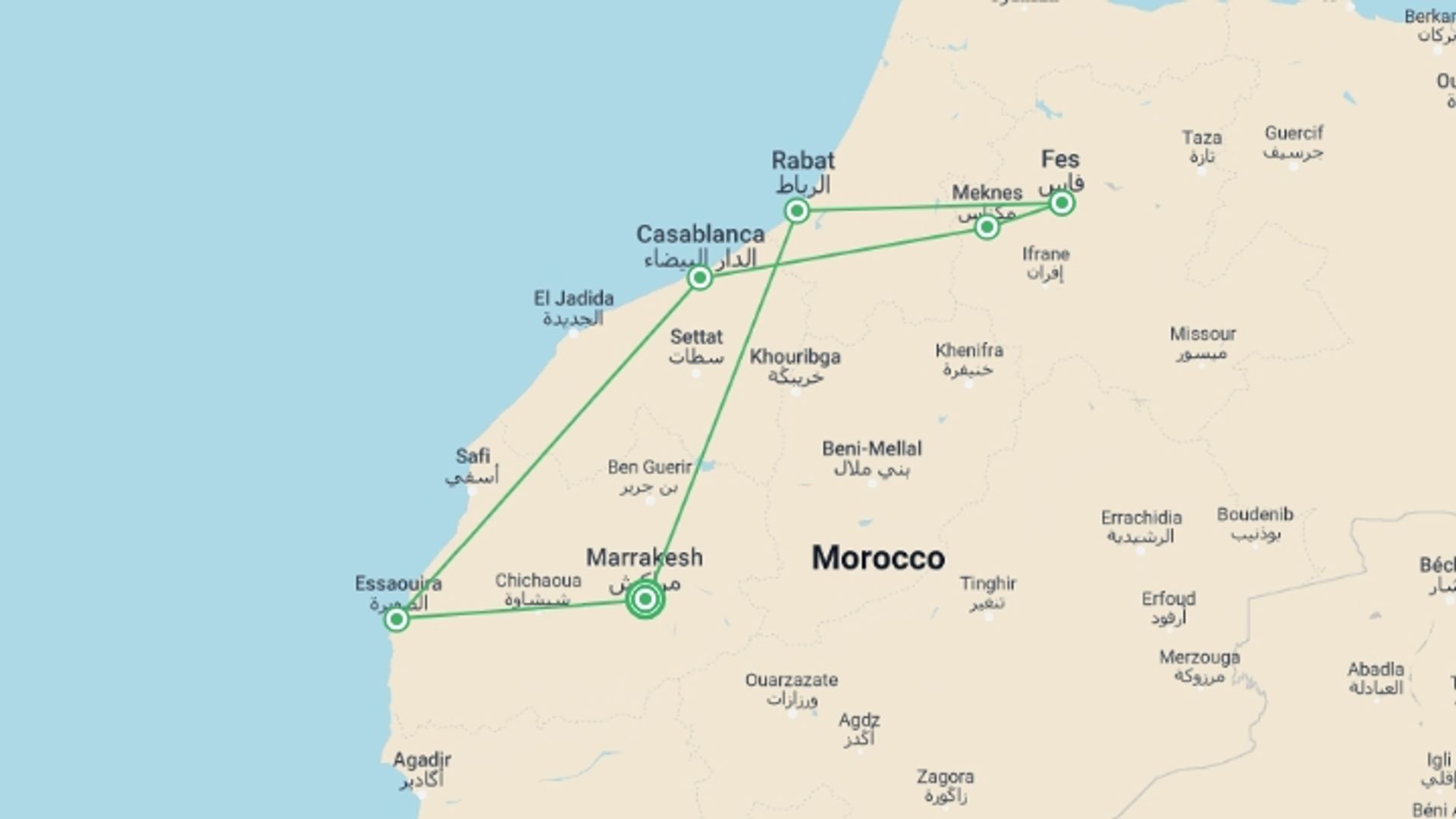 A map showing the tour itinerary for the trip: Royal Cities of Morocco and Essaouira, starting in Marrakech, Morocco and ending in Marrakech, Morocco going through 3 other destinations.