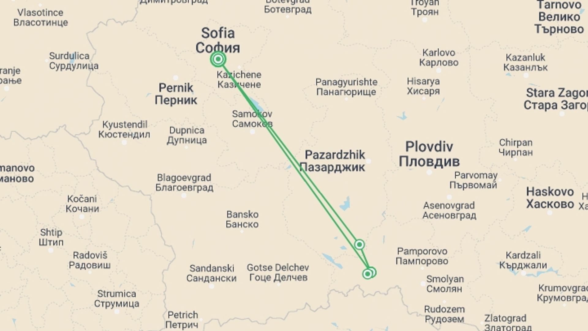 A map showing the tour itinerary for the trip: Bulgaria: Realm of the Brown Bear, starting in Sofia, Bulgaria and ending in Sofia, Bulgaria going through 1 other destinations.