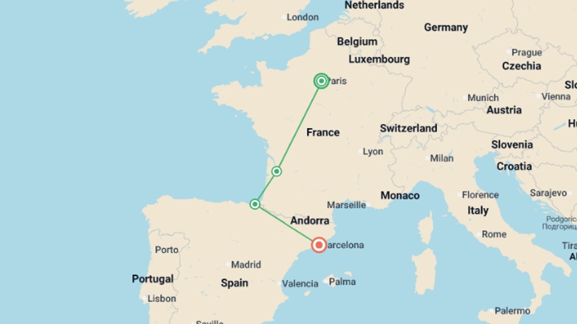 A map showing the tour itinerary for the trip: London to Barcelona Quest, starting in Paris, France and ending in Barcelona, Spain going through 3 other destinations.