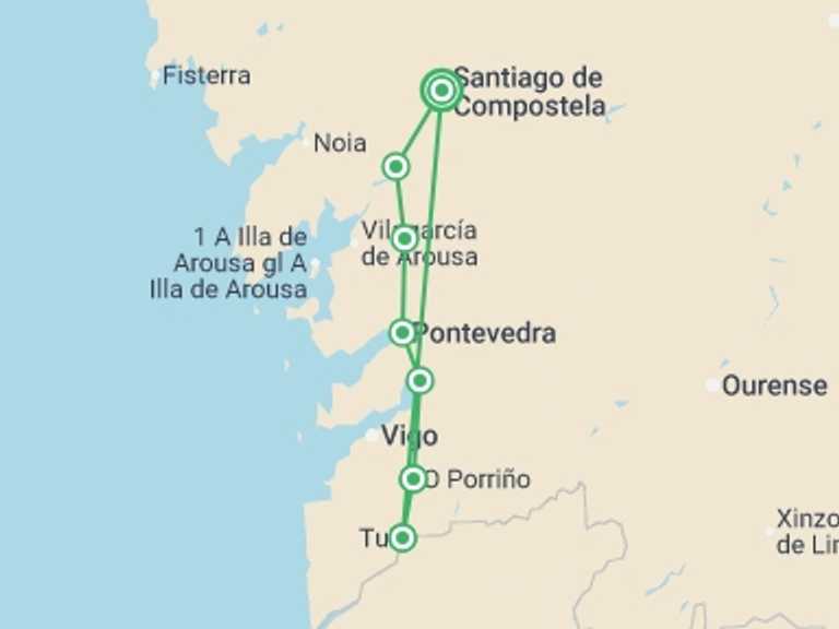 Map itinerary of Europe Tour in August 2026 with 6 destination visits for the trip: Portuguese Camino - Tui to Santiago