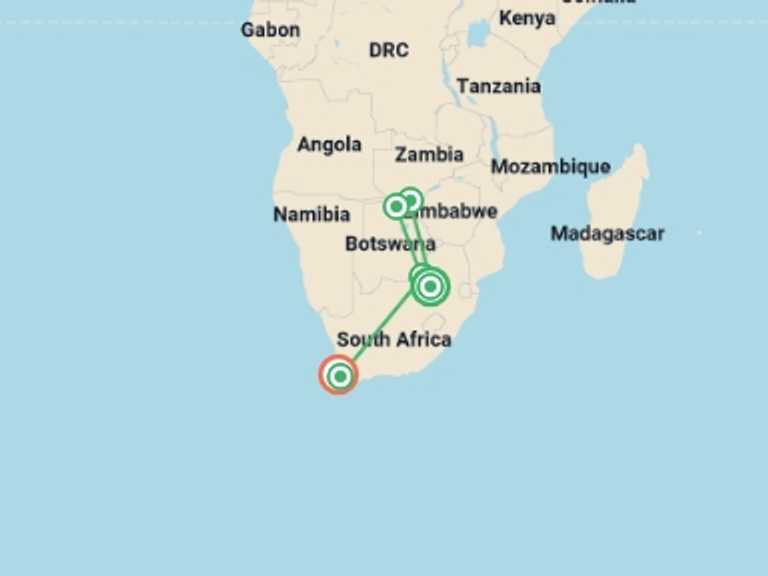Map itinerary of Africa Tour in April 2027 with 6 destination visits for the trip: Exploring South Africa, Victoria Falls, and Botswana 