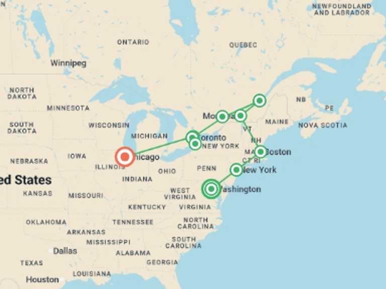 Map of New York Cultural, religious and historic sites Tour with 10 destination visits for the trip: Eastern Round ends Chicago