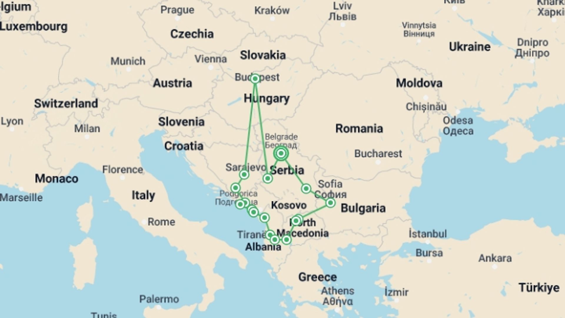 A map showing the tour itinerary for the trip: Balkan experience – 7 countries in 14 days, starting in Belgrade, Serbia and ending in Belgrade, Serbia going through 14 other destinations.