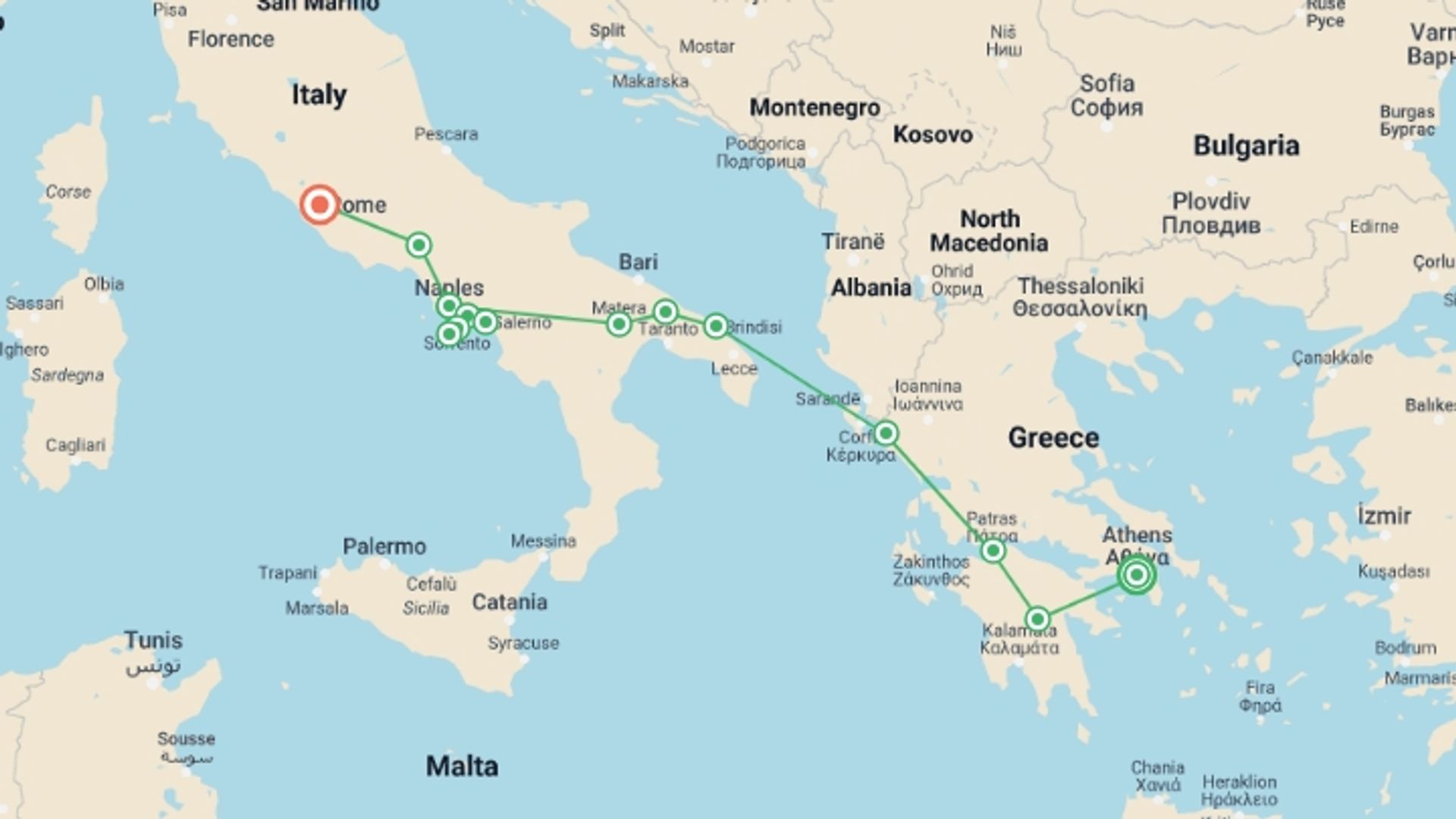 A map showing the tour itinerary for the trip: Ancient Greece and Southern Italy, starting in Athens, Greece and ending in Rome, Italy going through 4 other destinations.