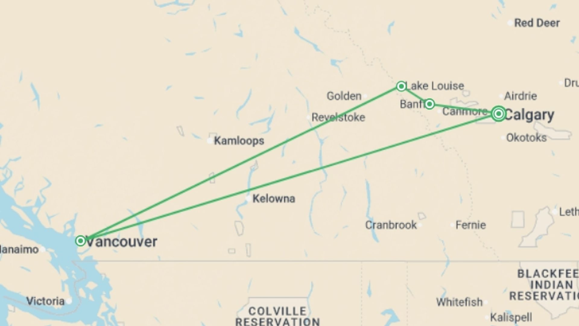 A map showing the tour itinerary for the trip: Canadian Rockies featuring Rocky Mountaineer Eastbound, starting in Calgary, Canada and ending in Calgary, Canada going through 1 other destinations.