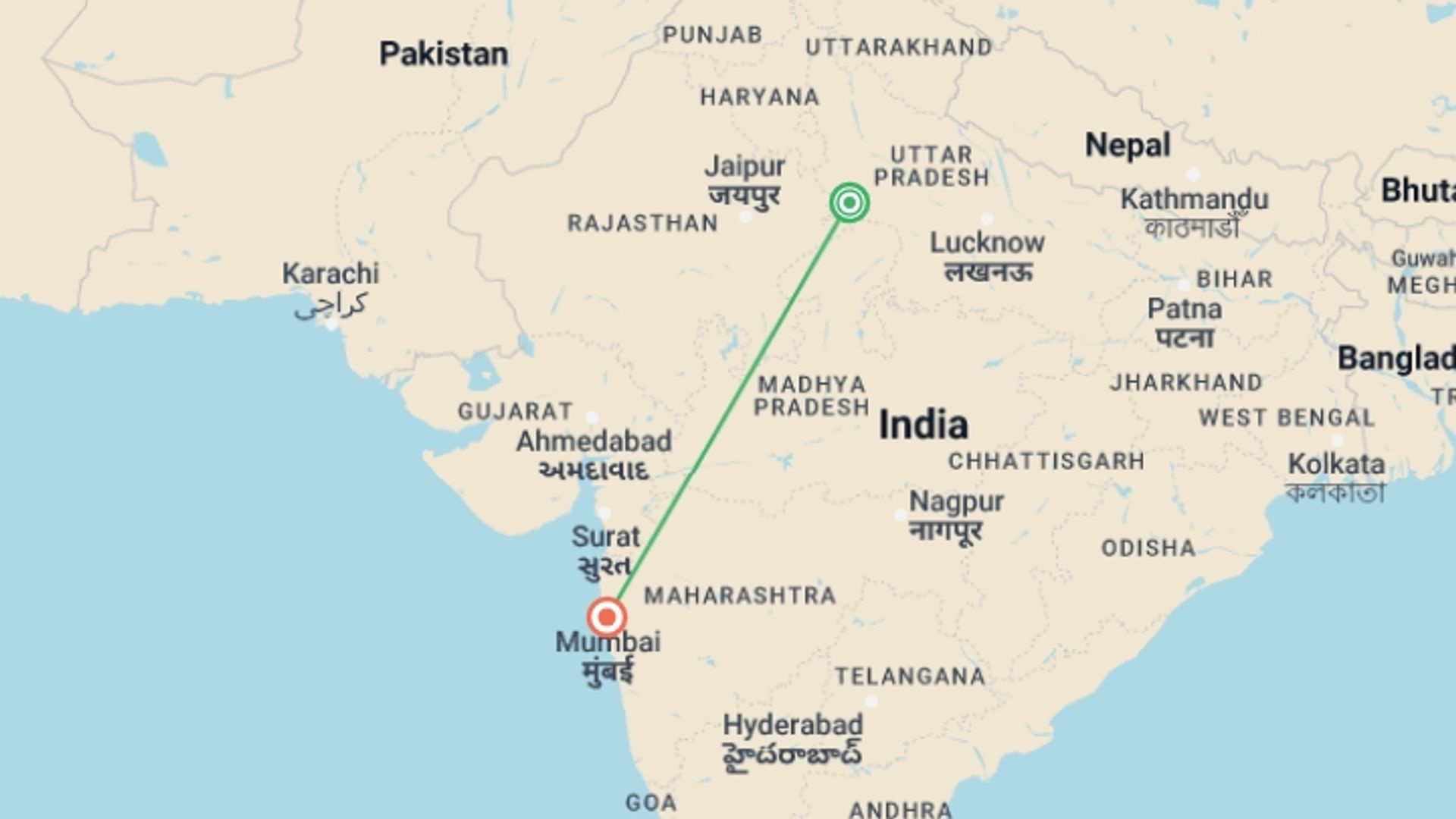 A map showing the tour itinerary for the trip: Mumbai Agra Mumbai Tour, starting in Agra, India and ending in Mumbai, India going through 0 other destinations.