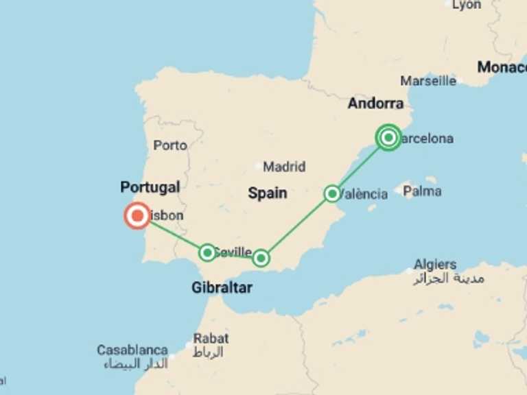 Map itinerary of Europe Tour in July 2026 with 5 destination visits for the trip: Barcelona, Andalusia and Lisbon