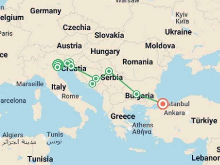 Map itinerary of Mediterranean Tour in May 2027 with 10 destination visits for the trip: Cruise & Rail: Venice, Istanbul & the Balkans (2027)