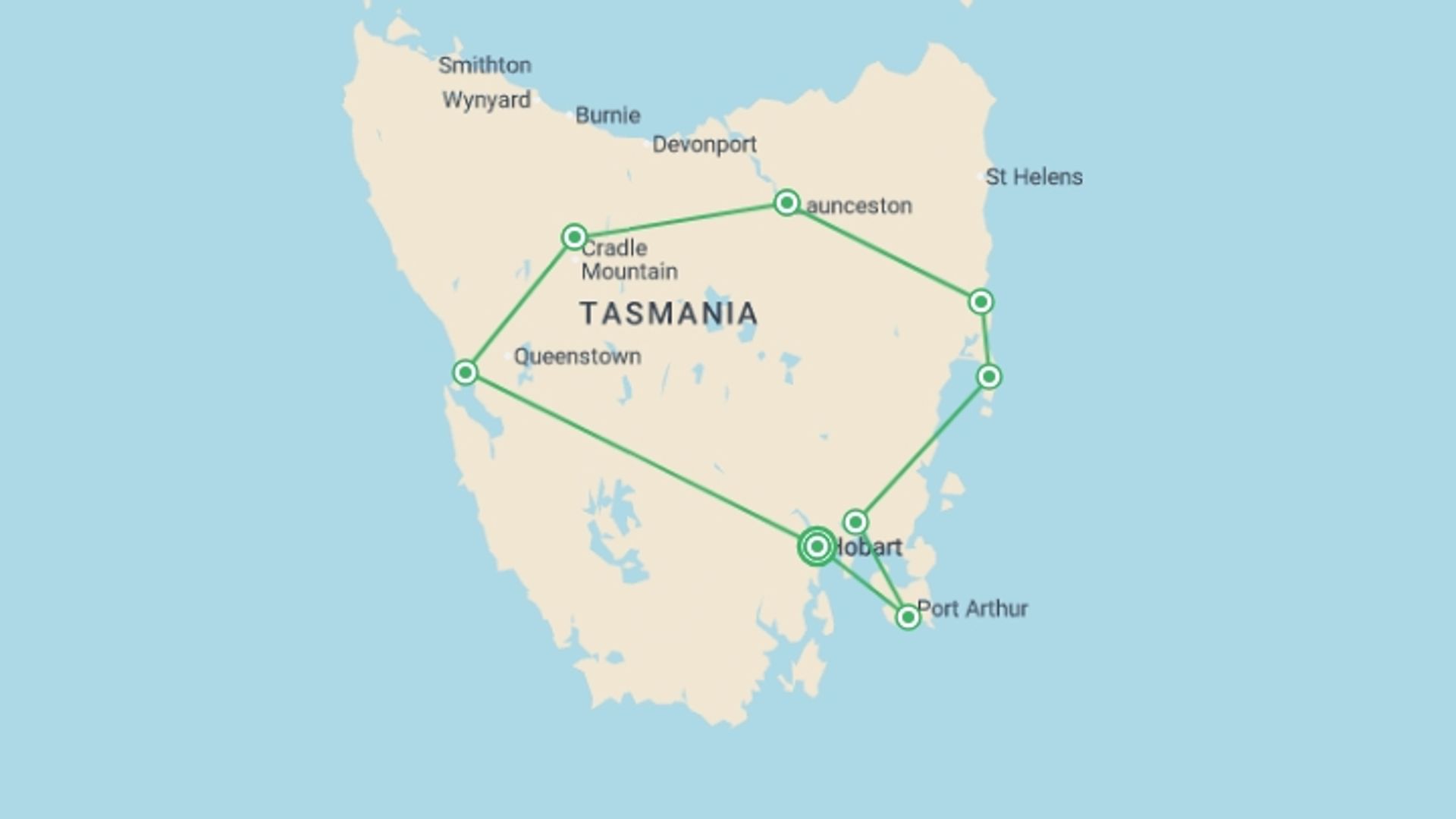 A map showing the tour itinerary for the trip: Perfect Tasmania, starting in Hobart, Australia and ending in Hobart, Australia going through 7 other destinations.