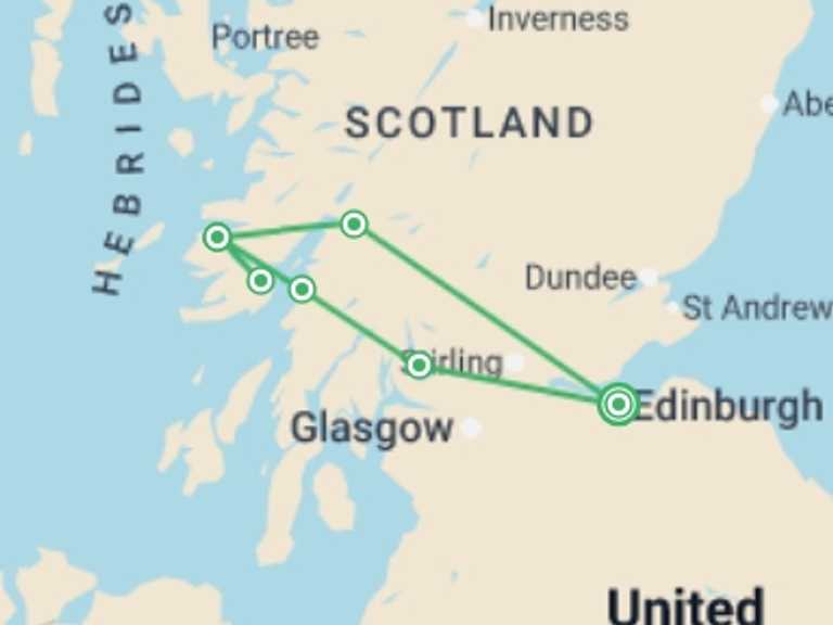 Map of Scotland Tour with 2 destination visits for the trip: Mull, Iona & Highlands - 4 days