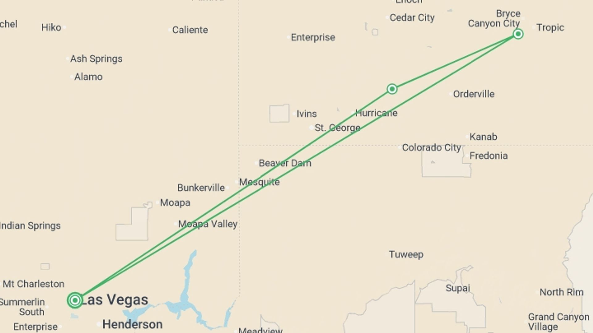 A map showing the tour itinerary for the trip: Bryce & Zion National Parks - 2 days, starting in undefined, USA and ending in undefined, USA going through 1 other destinations.