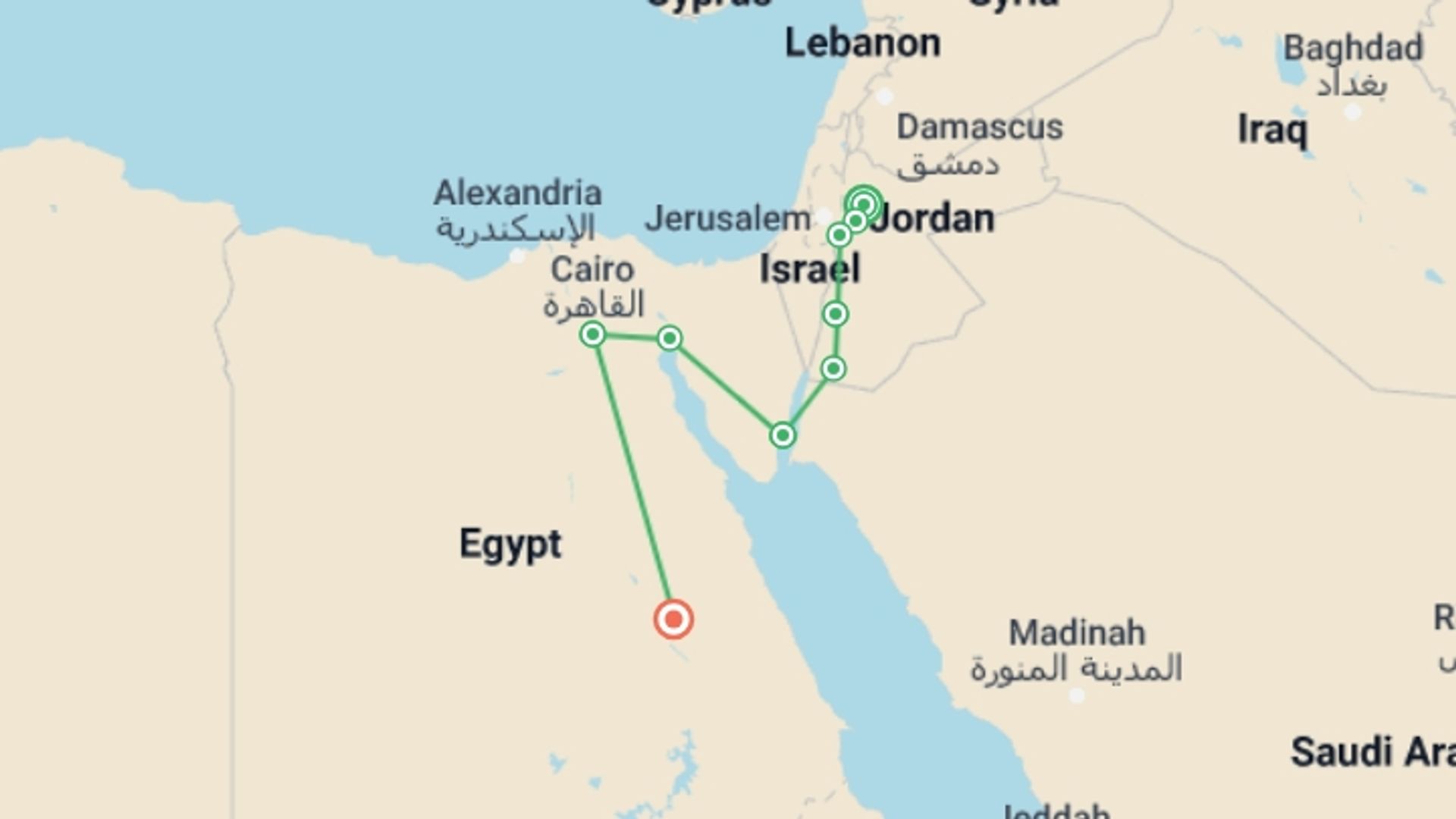 A map showing the tour itinerary for the trip: Jordan and Egypt - Petra to the Pyramids, starting in Amman, Jordan and ending in Luxor, Egypt going through 4 other destinations.