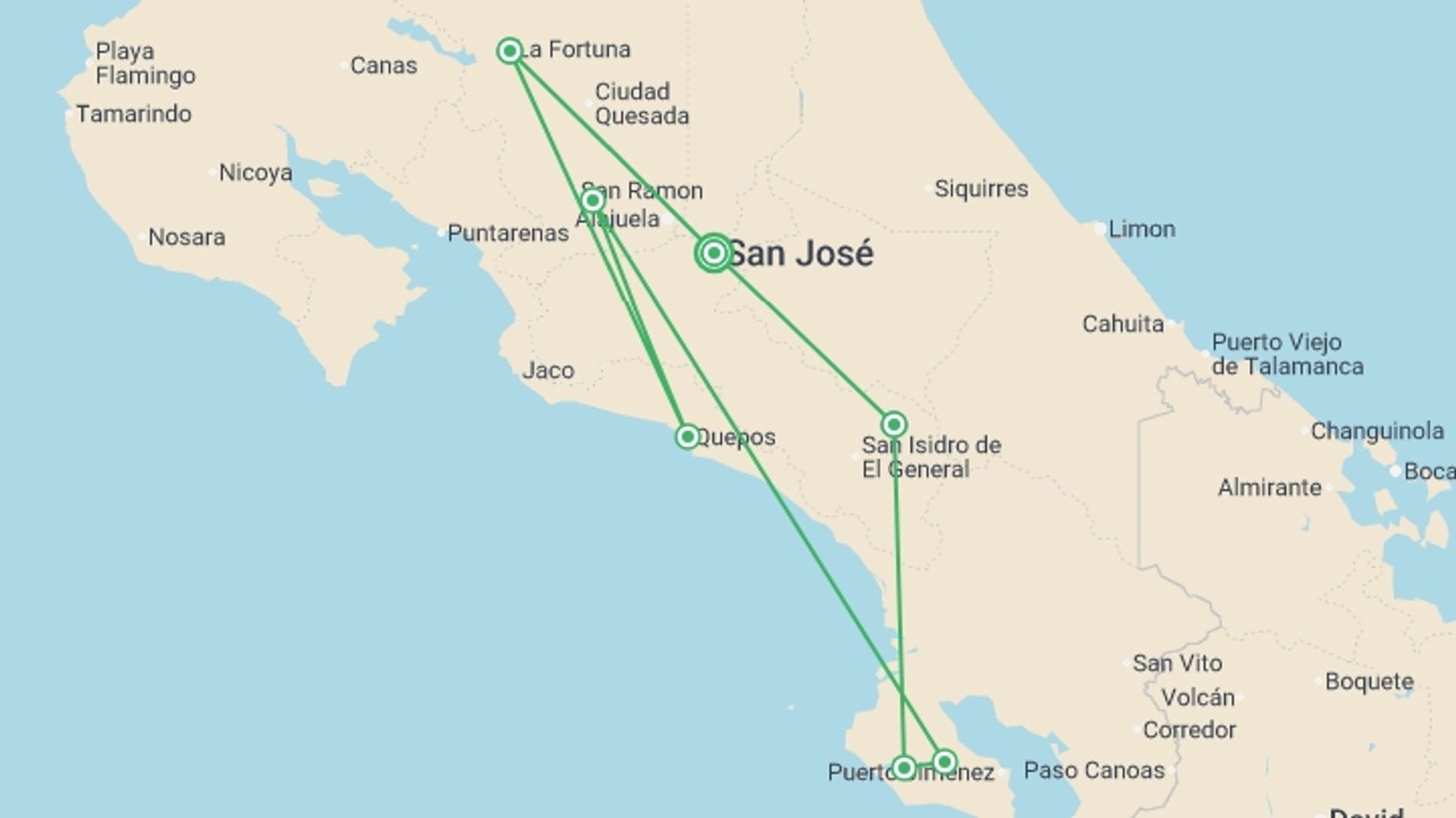 A map showing the tour itinerary for the trip: Wild Costa Rica – Premium Adventure, starting in San Jose, Costa Rica and ending in San Jose, Costa Rica going through 6 other destinations.