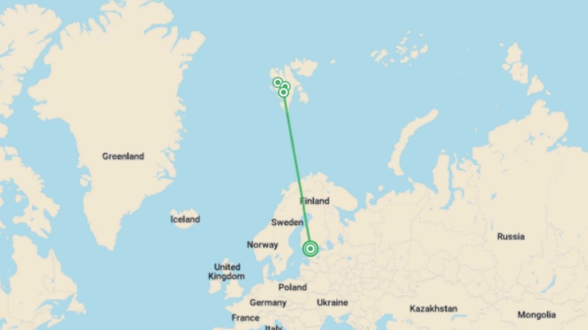 A map showing the tour itinerary for the trip: Spitsbergen Circumnavigation: A Rite of Passage, starting in Helsinki, Finland and ending in Helsinki, Finland going through 3 other destinations.