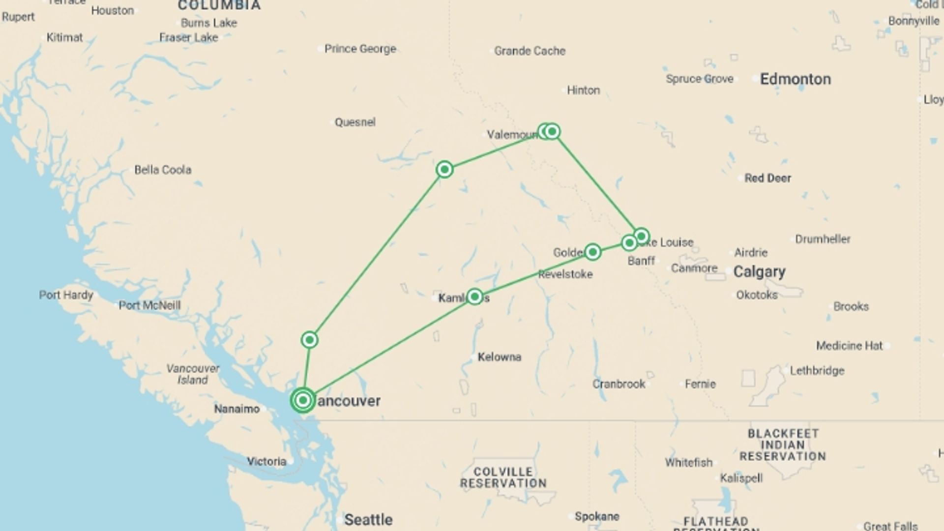 A map showing the tour itinerary for the trip: Canadian Rockies, starting in Vancouver, Canada and ending in Vancouver, Canada going through 11 other destinations.