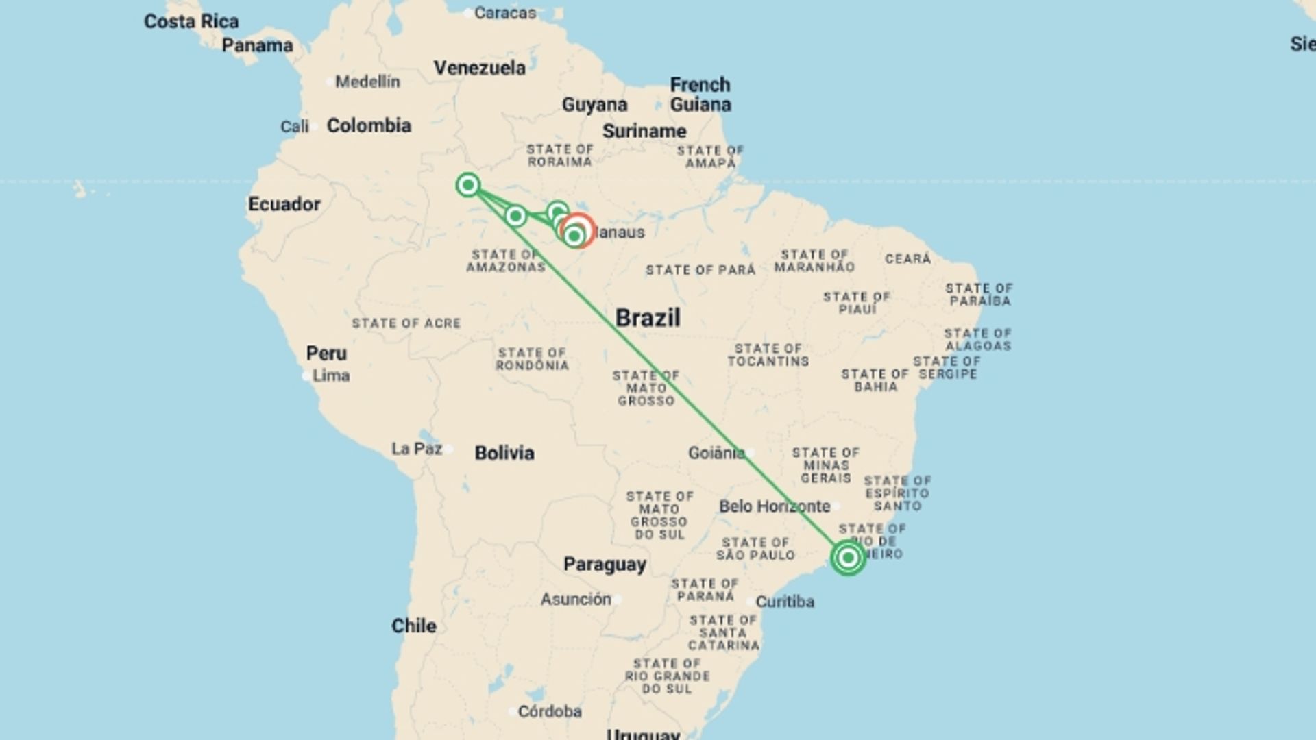A map showing the tour itinerary for the trip: Rio de Janeiro and a cruise along the Amazon and the Rio Negro - An Exclusive Cruise through Pristine and Hidden Nature (port-to-port cruise), starting in Rio de Janeiro, Brazil and ending in Manaus, Brazil going through 2 other destinations.