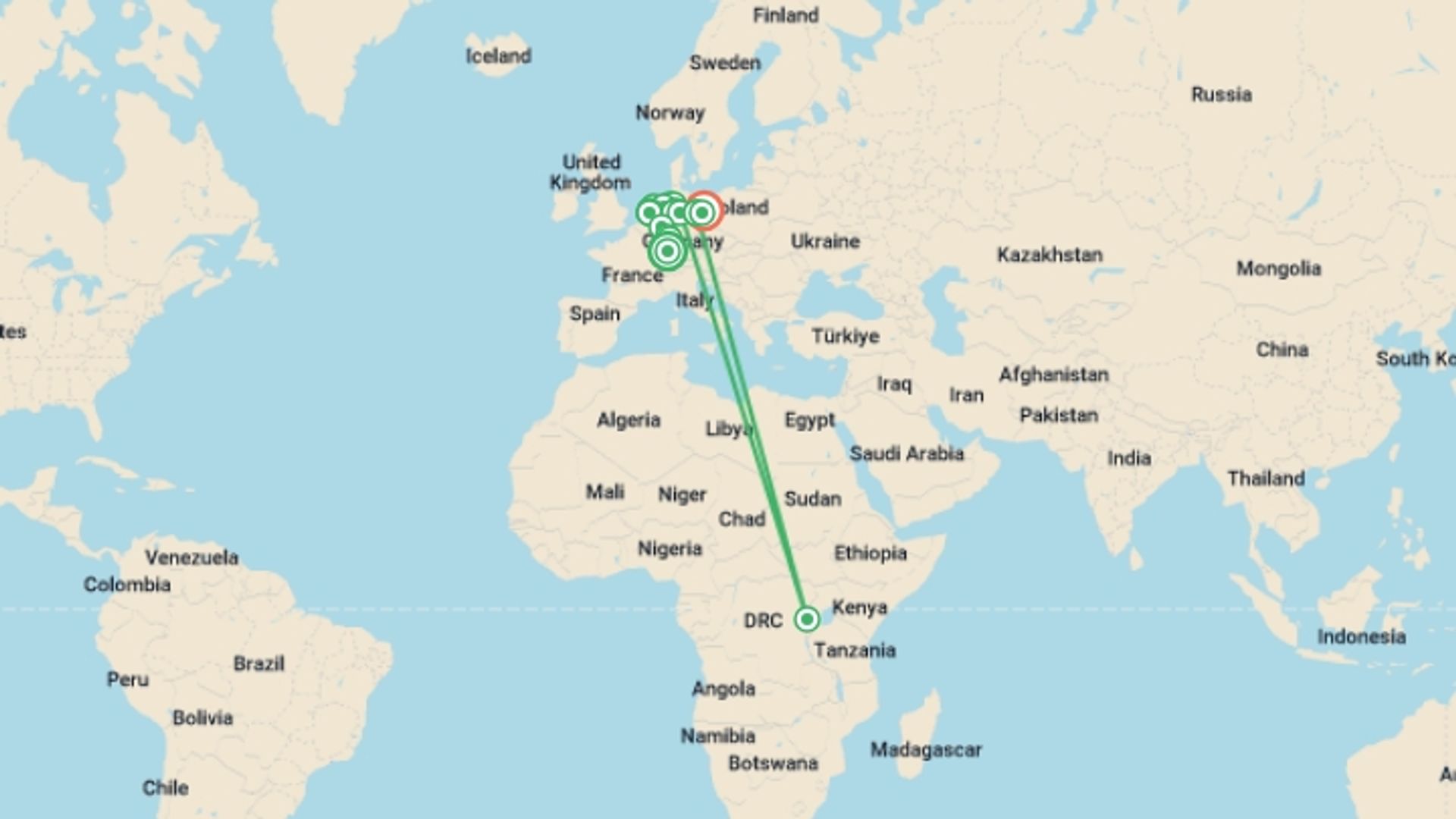 A map showing the tour itinerary for the trip: From Strasbourg to Berlin along the Rhine (port-to-port cruise), starting in Strasbourg, France and ending in Berlin, Germany going through 11 other destinations.